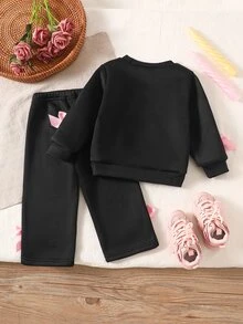 Souflis Souflis 2件組女嬰春秋款黑粉甜美休閒風蝴蝶結印花側邊緞帶3D蝴蝶結裝飾長袖衛衣與直筒褲套裝，寬鬆版型，適合日常穿著、戶外玩耍、小型派對、家庭聚會、短途旅行 - 黑色 - 查看 2