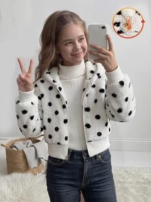 SHEIN Elladie kids 1件女童大童連帽長袖前開拉鍊收口下擺短版針織毛絨提花夾克外套 秋冬款 - 彩色 - 查看 1