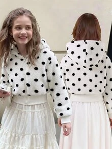 SHEIN Elladie kids 1件女童大童連帽長袖前開拉鍊收口下擺短版針織毛絨提花夾克外套 秋冬款 - 彩色 - 查看 2