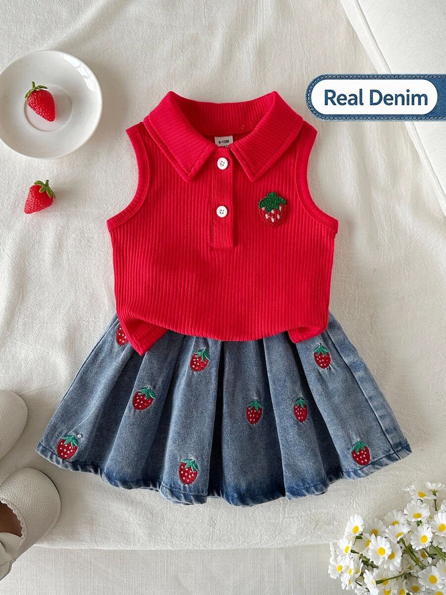 Vintaside Kids Baby Girls' Short Sleeve Sleeveless Set, Ivory Top + Light Blue Denim Skirt. The Top Is A Sleeveless, Stretchy Polo Collar Knit Design With A Pink Bow Embroidery On The Chest. The Skirt Is A Light-Washed Denim Skirt With White Embroidered Bow Decor. The Overall Style Is Sweet And Cute, Suitable For Summer Wear, Daily Outings, Kindergarten, Parties, And Family Leisure Occasions.