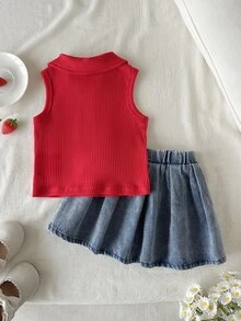 Vintaside Kids Baby Girls' Short Sleeve Sleeveless Set, Ivory Top + Light Blue Denim Skirt. The Top Is A Sleeveless, Stretchy Polo Collar Knit Design With A Pink Bow Embroidery On The Chest. The Skirt Is A Light-Washed Denim Skirt With White Embroidered Bow Decor. The Overall Style Is Sweet And Cute, Suitable For Summer Wear, Daily Outings, Kindergarten, Parties, And Family Leisure Occasions. - Red - View 3