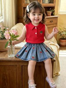 Vintaside Kids Baby Girls' Short Sleeve Sleeveless Set, Ivory Top + Light Blue Denim Skirt. The Top Is A Sleeveless, Stretchy Polo Collar Knit Design With A Pink Bow Embroidery On The Chest. The Skirt Is A Light-Washed Denim Skirt With White Embroidered Bow Decor. The Overall Style Is Sweet And Cute, Suitable For Summer Wear, Daily Outings, Kindergarten, Parties, And Family Leisure Occasions. - Red - View 4