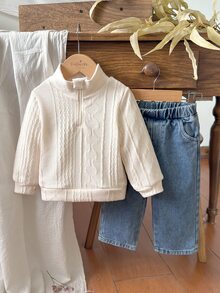 Vintaside Kids 2 件套幼儿男童休闲翻领长袖上衣和牛仔裤套装，适合春季、秋季、冬季日常穿着 - 彩色 - 查看 3