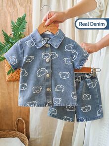 SHEIN Summer Washed Light Blue Simple Versatile Fashion Toddler Boys' Denim Set - Baby Blue - View 2