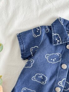Vintaside Kids 新生兒可愛熊頭印花柔軟牛仔領子2件套，休閒時尚夏季套裝 - 藍色 - 查看 7
