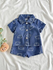 Vintaside Kids 新生兒可愛熊頭印花柔軟牛仔領子2件套，休閒時尚夏季套裝 - 藍色 - 查看 3