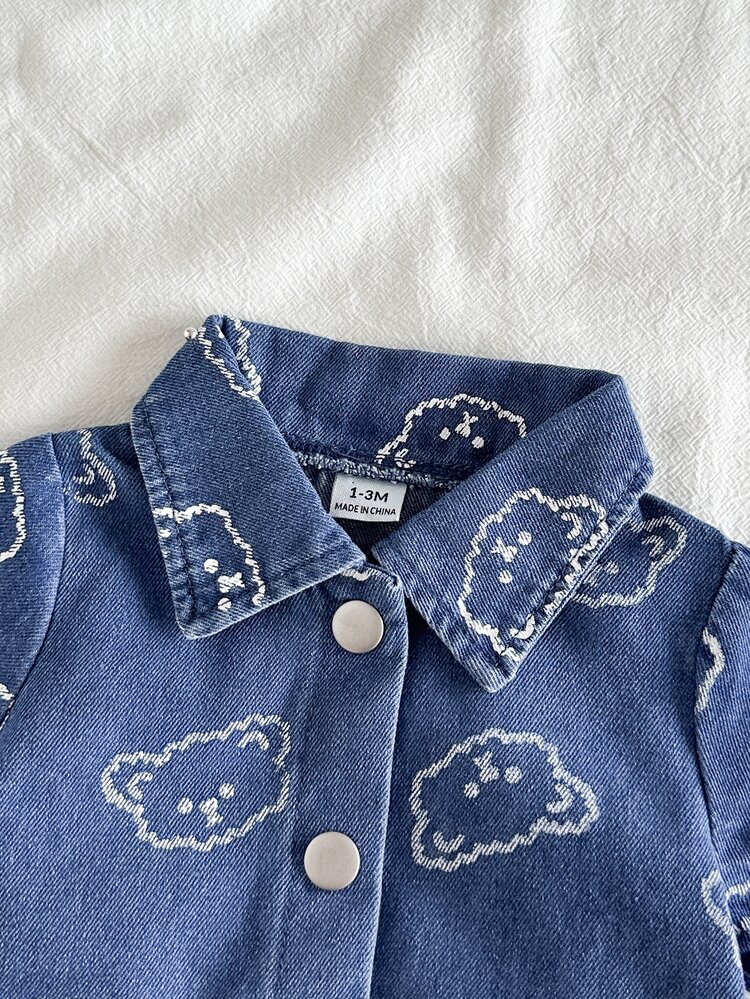 Vintaside Kids Newborn Cute Bear Head Print Soft Denim Collared 2 Pieces Set, Casual Cute Fashionable Summer Outfit Holiday Vacation Blue Baby - Blue - View 5