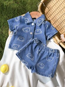 Vintaside Kids 新生兒可愛熊頭印花柔軟牛仔領子2件套，休閒時尚夏季套裝 - 藍色 - 查看 4