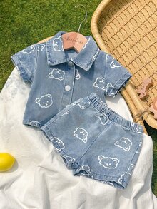 Vintaside Kids Newborn Cute Bear Head Print Soft Denim Collared 2 Pieces Set, Casual & Fashionable Summer Outfit - Multicolor - View 5