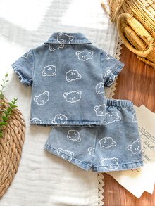 Vintaside Kids Newborn Cute Bear Head Print Soft Denim Collared 2 Pieces Set, Casual & Fashionable Summer Outfit - Multicolor - View 3