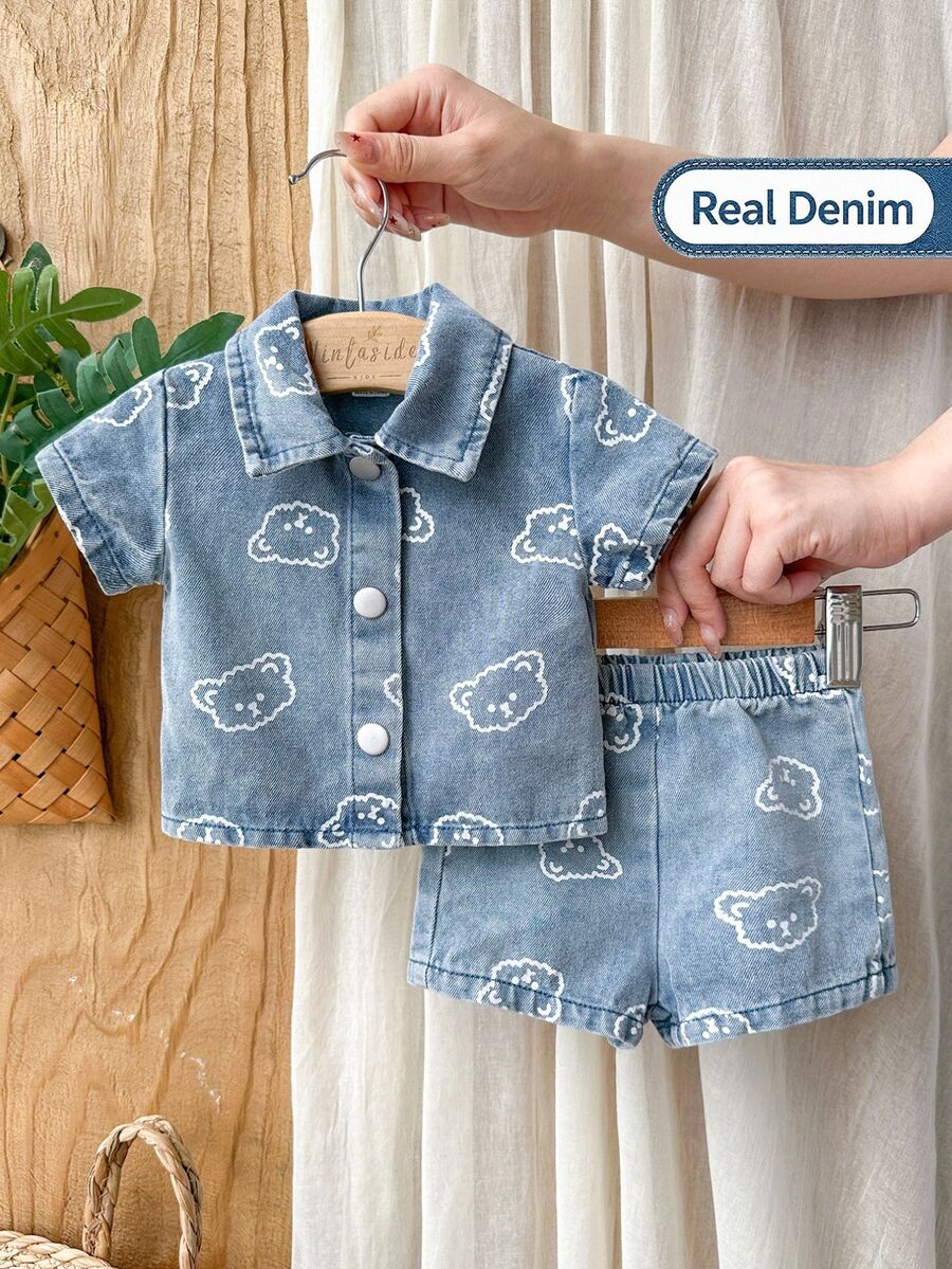 Vintaside Kids Newborn Cute Bear Head Print Soft Denim Collared 2 Pieces Set, Casual & Fashionable Summer Outfit