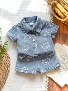 Vintaside Kids Newborn Cute Bear Head Print Soft Denim Collared 2 Pieces Set, Casual & Fashionable Summer Outfit - Multicolor - View 4