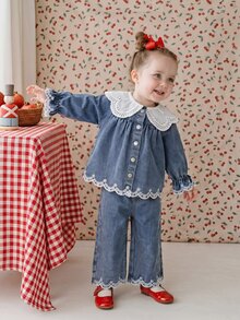 SHEIN 2件組女嬰休閒時尚百搭刺繡牛仔領長袖外套與刺繡牛仔褲套裝，適合日常、戶外、派對、日常穿著 - 彩色 - 查看 7