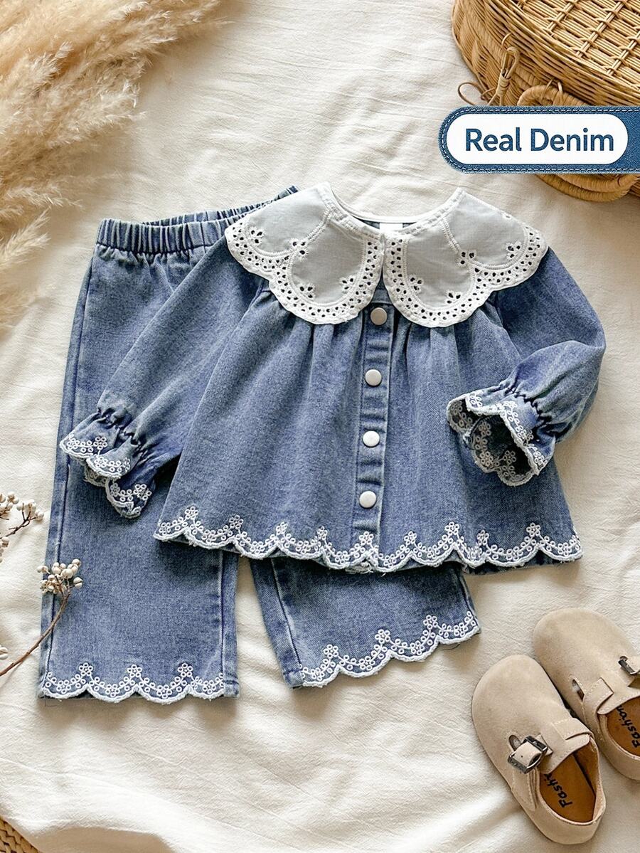 SHEIN 2件組女嬰休閒時尚百搭刺繡牛仔領長袖外套與刺繡牛仔褲套裝，適合日常、戶外、派對、日常穿著