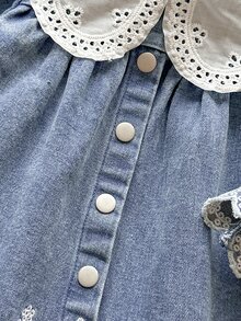 SHEIN 2件組女嬰休閒時尚百搭刺繡牛仔領長袖外套與刺繡牛仔褲套裝，適合日常、戶外、派對、日常穿著 - 彩色 - 查看 14