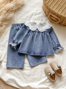 SHEIN 2件組女嬰休閒時尚百搭刺繡牛仔領長袖外套與刺繡牛仔褲套裝，適合日常、戶外、派對、日常穿著 - 彩色 - 查看 3