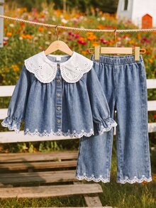 SHEIN 2件組女嬰休閒時尚百搭刺繡牛仔領長袖外套與刺繡牛仔褲套裝，適合日常、戶外、派對、日常穿著 - 彩色 - 查看 5