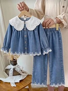 SHEIN 2件組女嬰休閒時尚百搭刺繡牛仔領長袖外套與刺繡牛仔褲套裝，適合日常、戶外、派對、日常穿著 - 彩色 - 查看 6
