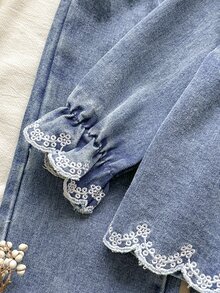 SHEIN 2件組女嬰休閒時尚百搭刺繡牛仔領長袖外套與刺繡牛仔褲套裝，適合日常、戶外、派對、日常穿著 - 彩色 - 查看 9