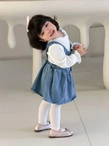SHEIN Rabbit Embroidery Denim Dress & Long Sleeve Top Outfit,Summer Casual Outfit For Daily Wear - Multicolor - View 7