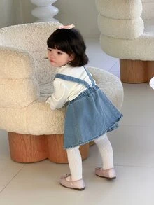 SHEIN Rabbit Embroidery Denim Dress & Long Sleeve Top Outfit,Summer Casual Outfit For Daily Wear - Multicolor - View 2