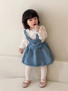 SHEIN Rabbit Embroidery Denim Dress & Long Sleeve Top Outfit,Summer Casual Outfit For Daily Wear - Multicolor - View 4
