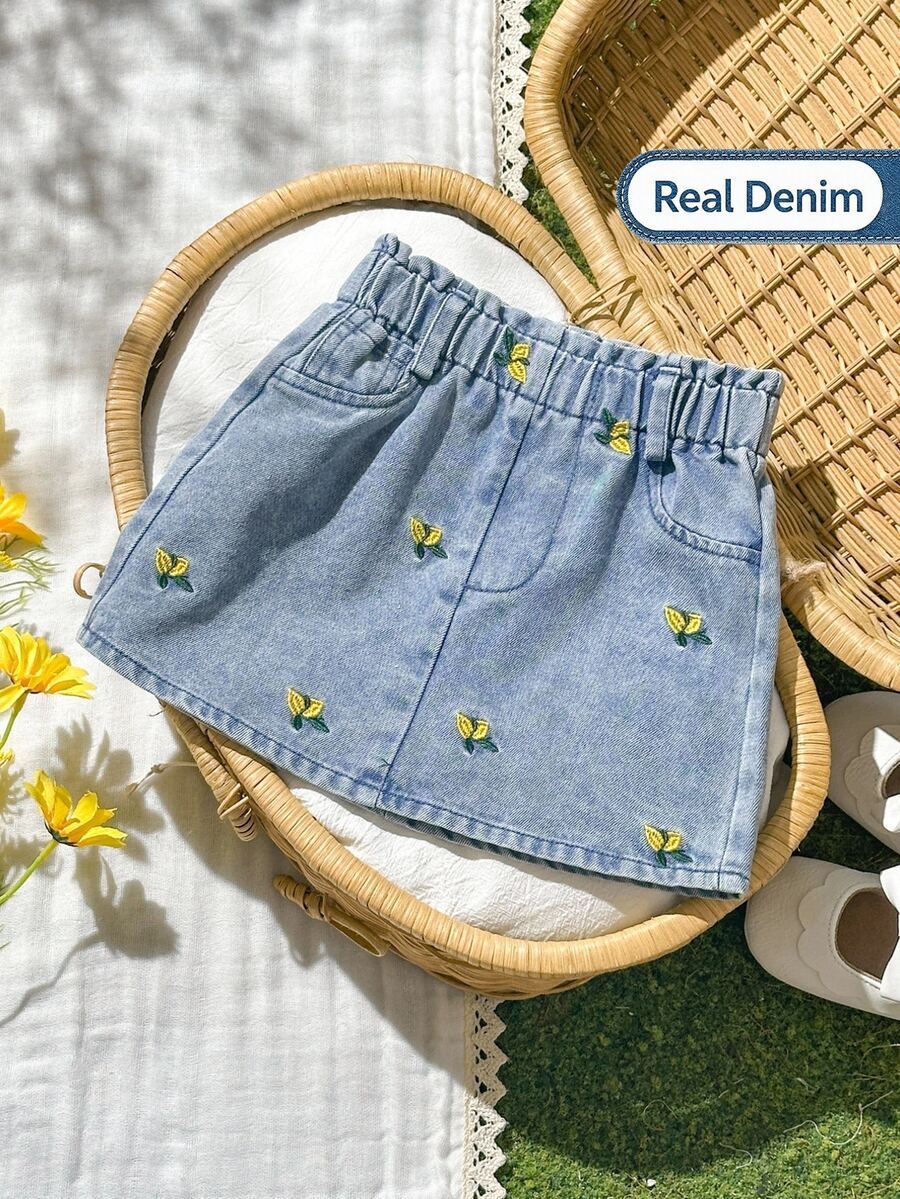 SHEIN 女婴可爱时尚刺绣花卉口袋牛仔短裤