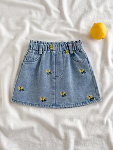 SHEIN 女婴可爱时尚刺绣花卉口袋牛仔短裤 - 藍色 - 查看 4