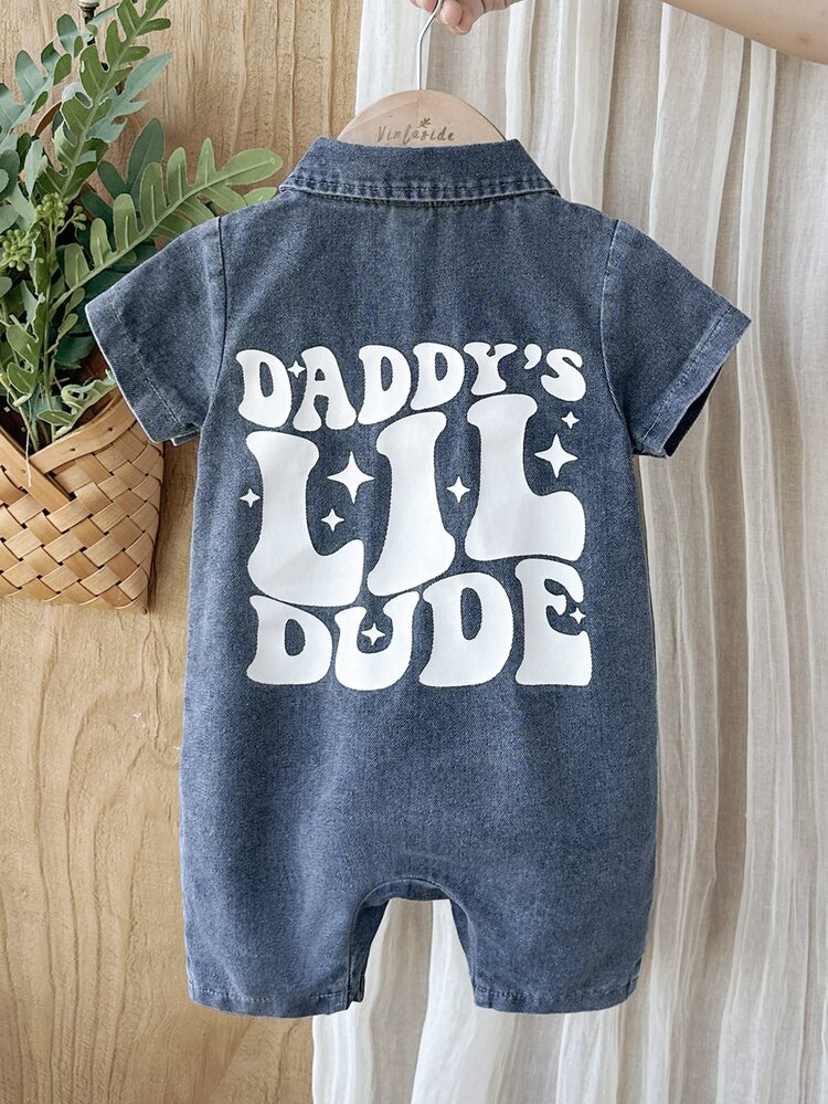 SHEIN Vintaside Kids Baby Boy Summer Cartoon Text Short Sleeve Bodysuit Romper - Blue and White - View 3