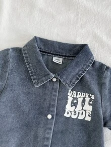 SHEIN Vintaside Kids Baby Boy Summer Cartoon Text Short Sleeve Bodysuit Romper - Blue and White - View 5