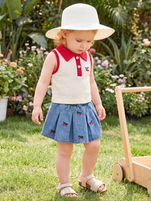 Vintaside Kids 女嬰夏季可愛野餐象牙色無袖針織 Polo 上衣與淺藍色牛仔裙套裝，藍白花朵刺繡，甜美女嬰套裝 - 紅色 - 查看 6