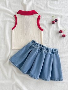 Vintaside Kids 女嬰夏季可愛野餐象牙色無袖針織 Polo 上衣與淺藍色牛仔裙套裝，藍白花朵刺繡，甜美女嬰套裝 - 紅色 - 查看 2