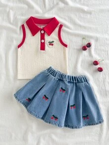 Vintaside Kids 女嬰夏季可愛野餐象牙色無袖針織 Polo 上衣與淺藍色牛仔裙套裝，藍白花朵刺繡，甜美女嬰套裝 - 紅色 - 查看 4