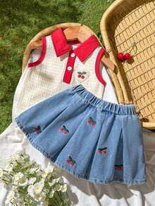 Vintaside Kids 女嬰夏季可愛野餐象牙色無袖針織 Polo 上衣與淺藍色牛仔裙套裝，藍白花朵刺繡，甜美女嬰套裝 - 紅色 - 查看 3