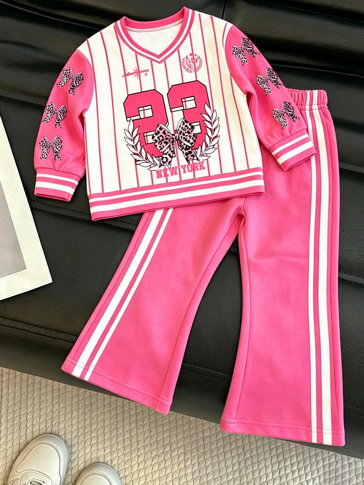 Girls 2pcs Set Cheetah Print 3D Bow Cute Sweatshirt With Cheetah Print Pants,New Fall Styles,Suitable For Indoor & Outdoor Wear In Autumn/Winter - Pink - View 3