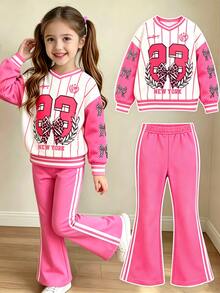 Girls 2pcs Set Cheetah Print 3D Bow Cute Sweatshirt With Cheetah Print Pants,New Fall Styles,Suitable For Indoor & Outdoor Wear In Autumn/Winter - Pink - View 1