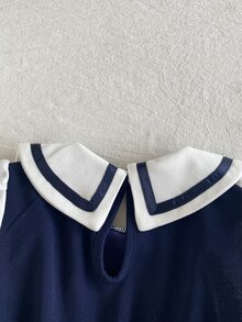 SHEIN 女童優雅學院風深藍色雙排扣長袖彼得潘領百褶下擺A字洋裝，日常上學秋季生日裙 - 藍色 - 查看 5