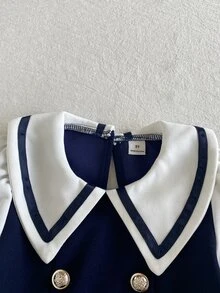 SHEIN 女童優雅學院風深藍色雙排扣長袖彼得潘領百褶下擺A字洋裝，日常上學秋季生日裙 - 藍色 - 查看 6