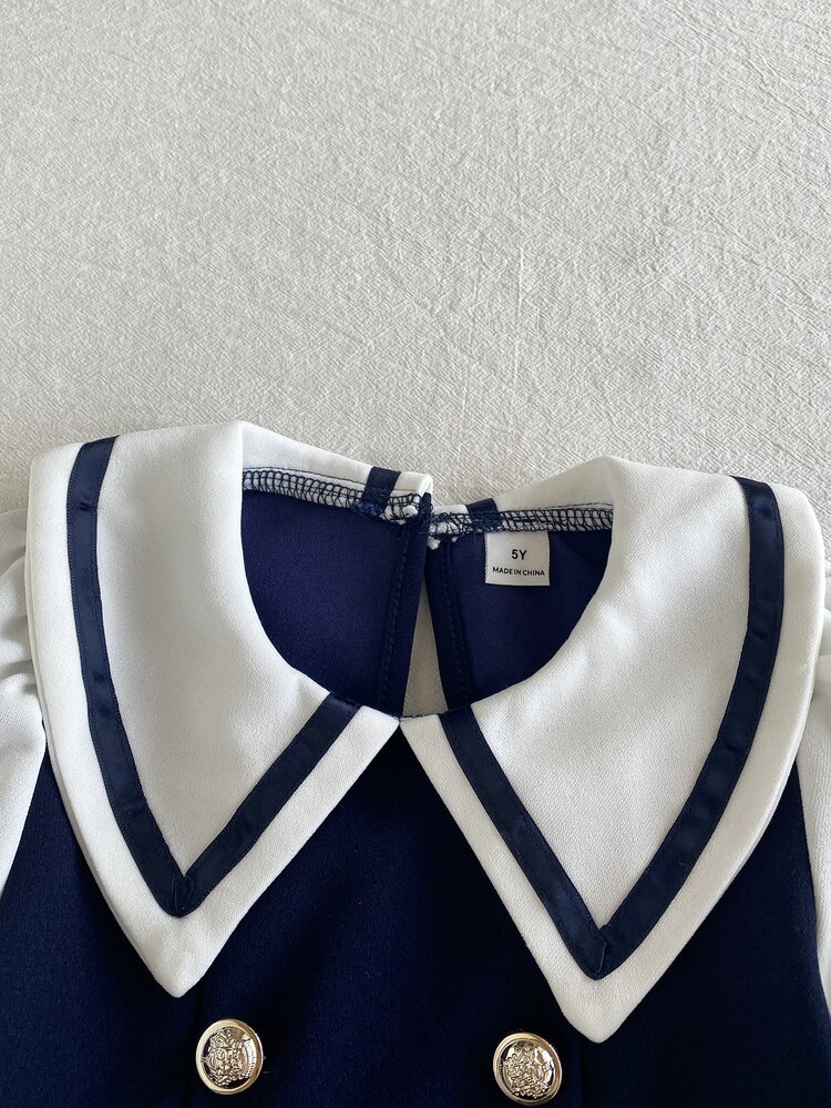 SHEIN Young Girl Pleated Hem Dress Elegant Preppy Navy Blue Double Breasted Button Long Sleeve Peter Pan Collar Regular School Autumn Birthday Girl A-Line - Blue - View 6