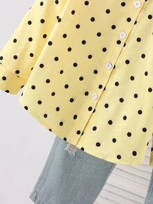 SHEIN 女童黃底黑波點翻領鈕扣長袖襯衫，韓風寬鬆少女上衣，適合春秋日常與校園穿著 - 黃色 - 查看 6