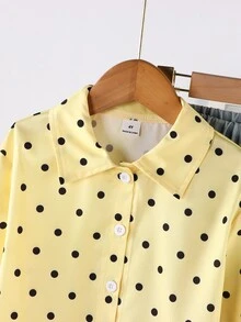 SHEIN 女童黃底黑波點翻領鈕扣長袖襯衫，韓風寬鬆少女上衣，適合春秋日常與校園穿著 - 黃色 - 查看 8