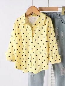 SHEIN 女童黃底黑波點翻領鈕扣長袖襯衫，韓風寬鬆少女上衣，適合春秋日常與校園穿著 - 黃色 - 查看 4