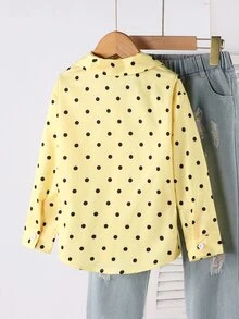 SHEIN 女童黃底黑波點翻領鈕扣長袖襯衫，韓風寬鬆少女上衣，適合春秋日常與校園穿著 - 黃色 - 查看 2
