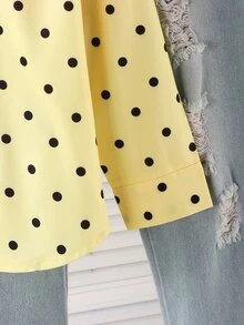 SHEIN 女童黃底黑波點翻領鈕扣長袖襯衫，韓風寬鬆少女上衣，適合春秋日常與校園穿著 - 黃色 - 查看 5
