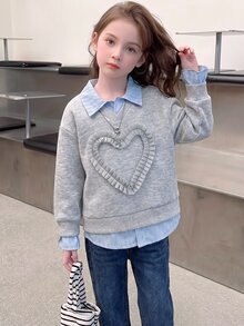 SHEIN Young Girl 2-In-1 Patchwork Long Sleeve Sweatshirt, Suitable For Campus Daily Wear, Weekend Gatherings, Holiday Parties Pull Autumn Fall - Grey - View 4