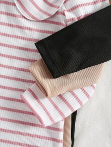 SHEIN 3件組女童針織套頭上衣，甜美風，黑色、卡其色、粉色，蝴蝶結彼得潘領，長袖圓領，休閒款，適合假日、秋季、芭蕾、婚禮賓客，條紋設計 - 彩色 - 查看 13