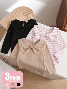 SHEIN 3件組女童針織套頭上衣，甜美風，黑色、卡其色、粉色，蝴蝶結彼得潘領，長袖圓領，休閒款，適合假日、秋季、芭蕾、婚禮賓客，條紋設計 - 彩色 - 查看 14