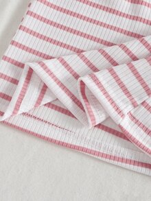 SHEIN 3件組女童針織套頭上衣，甜美風，黑色、卡其色、粉色，蝴蝶結彼得潘領，長袖圓領，休閒款，適合假日、秋季、芭蕾、婚禮賓客，條紋設計 - 彩色 - 查看 8