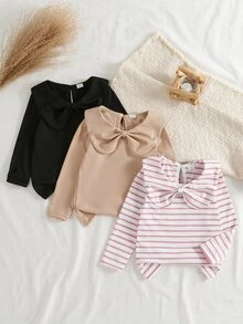 SHEIN 3件組女童針織套頭上衣，甜美風，黑色、卡其色、粉色，蝴蝶結彼得潘領，長袖圓領，休閒款，適合假日、秋季、芭蕾、婚禮賓客，條紋設計 - 彩色 - 查看 10