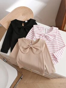 SHEIN 3件組女童針織套頭上衣，甜美風，黑色、卡其色、粉色，蝴蝶結彼得潘領，長袖圓領，休閒款，適合假日、秋季、芭蕾、婚禮賓客，條紋設計 - 彩色 - 查看 9
